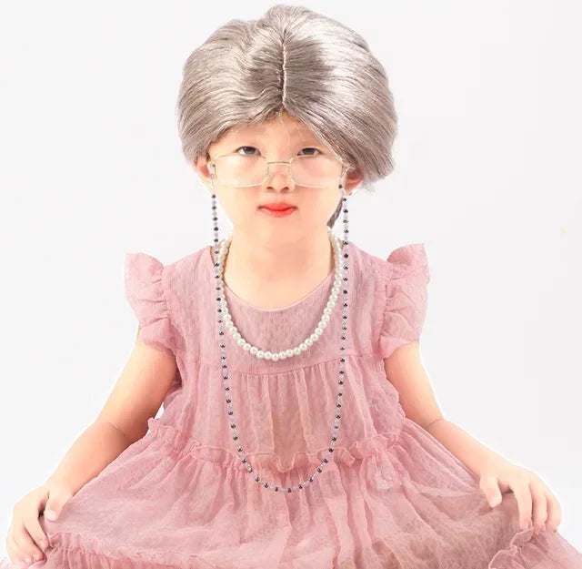 Halloween  Great grandma cosplay older performance costume Kid Halloween wig necklace eyeglass