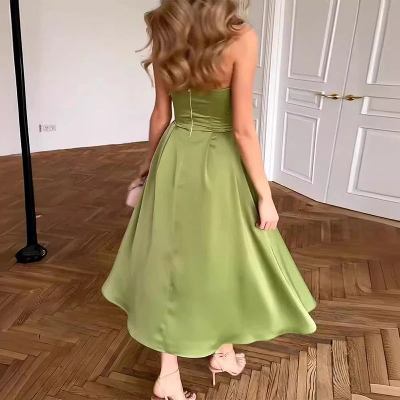 Sexy Hollow Sleeveless Cocktail Dress Ladies Elegant Strapless High Waist Evening Dress Green Slim Pleated Women's Long Dresses