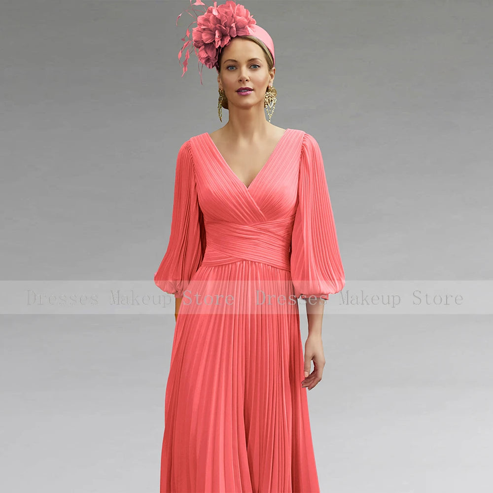 Pink Chiffon Wedding Guest Dress for Women 2023 A Line Mother of the Bride Gown  Weddings V Neck Puff Sleeves Midi Party