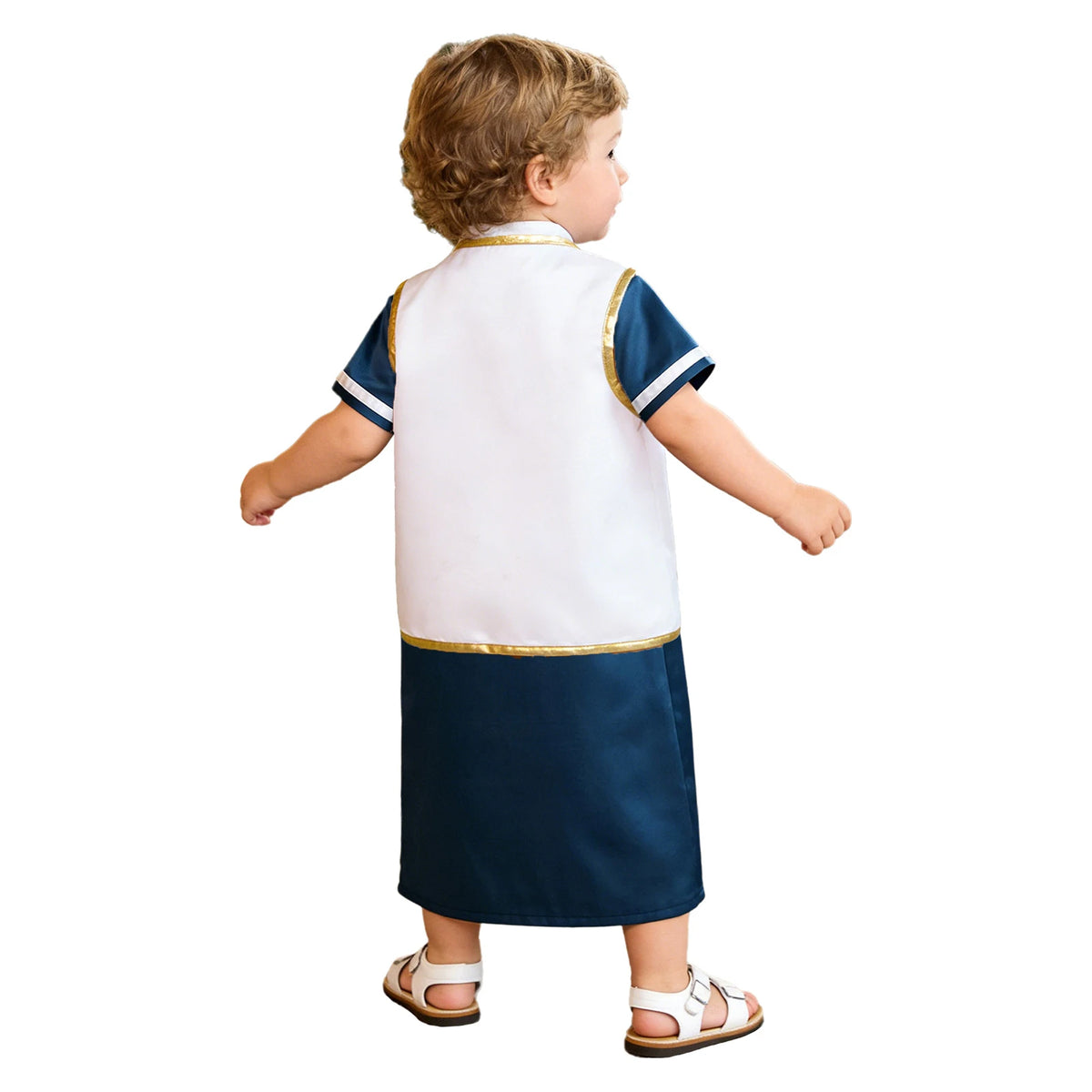 Muslim Baby Boys Robe Ramadan Eid Abaya Set Metallic Trim Arabic Islamic Kaftan Thobe Satin Gown with Open Front Tassel Vest