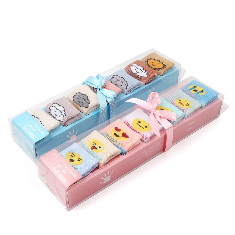 7 Pairs Set for Baby Socks Soft Cotton Cute Animal Smile Face Spring and Autumn for 0-6 Months Toddler Boys and Girls W0040W0052