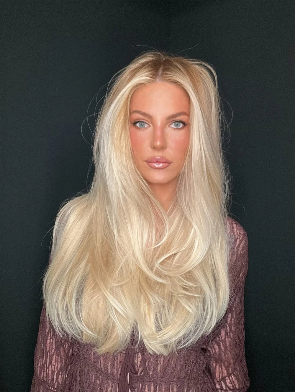 Luxury Women's Wig Synthetic Lace Front Wig Mixed 5%Human Hair Golden Blonde Highlights Natural Straight Wig Ash Roots Small Cap