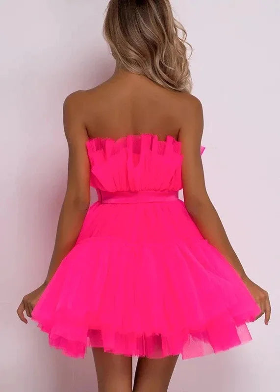 Summer Dress Women Off Shoulder Mesh Backless Tutu Tulle Lolita Pleated Dresses Women Strapless Date Ball Gown Dress Vestidos