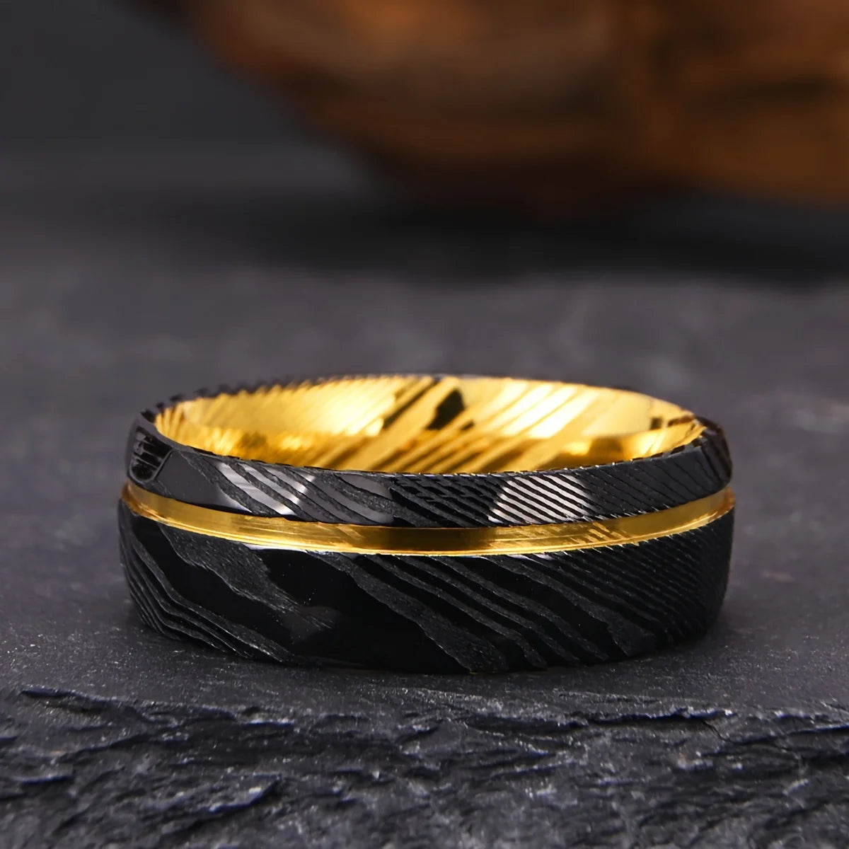Damascus Steel Ring 8mm Black With Gold-Plated Inner Layer Men'S Couple Wedding Ring Luxurious and Comfortable Daily Party Wear