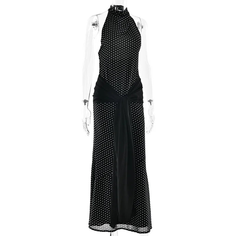 Blifanbo Polka Dot Halter Backless Sexy Maxi Dress Women Gown Ribbon Patchwork Off-shoulder Sleeveless Fashion Club Party Dress
