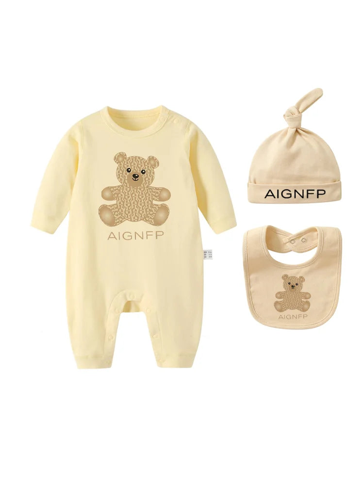 Cute Bear Jumpsuit Newborns Autumn Clothes 2025 Hot Sale New Soft Bib scarf Hat Toddler Romper Sets Baby Long sleeves Bodysuits