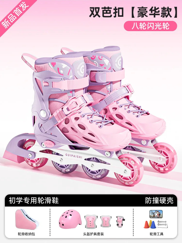 4 Wheels Flashing Inline Skates with Full Protective Gear Set Helmet Knee Pads Elbow Pads Carry Bag Adjustable Size for Boy Girl