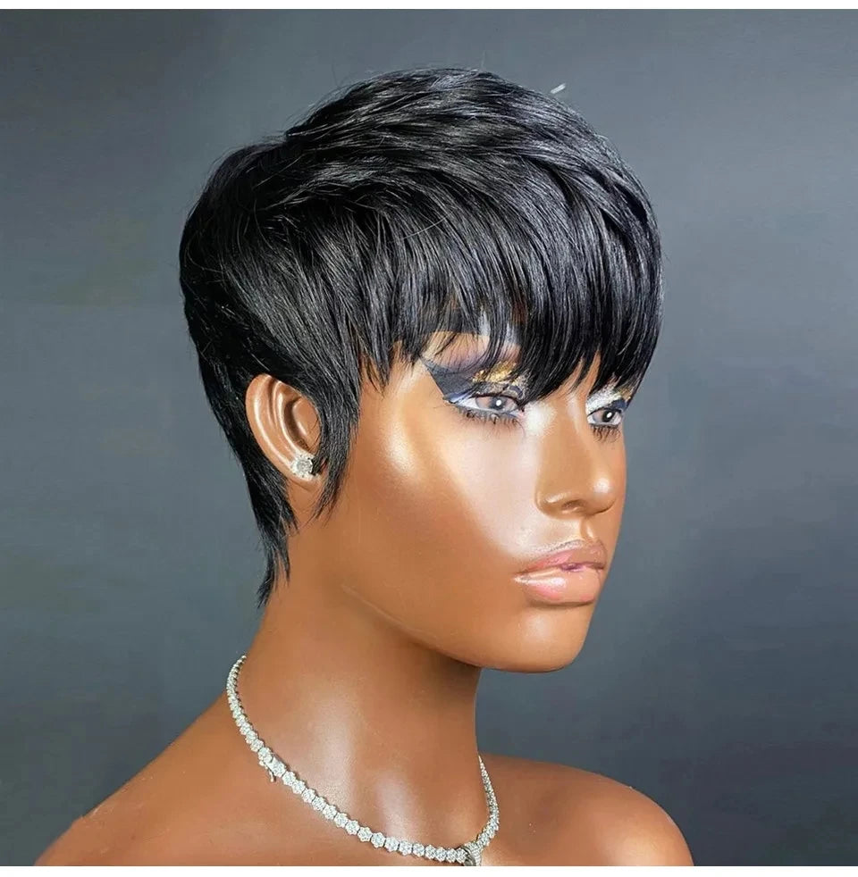 Short Pixie Cut Wig Human Hair Ready to Wear Brazilian Human Hair Bob Wig for Women Black Color Full Machine Short Straight Wigs