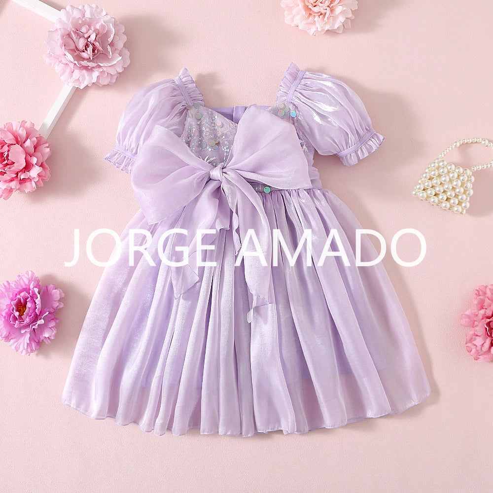 New Summer Sister Girl Matching Romper Dress Short Sling Sleeves Big Bow Bodysuit Sequined Princess Dresses Twins Clothing H1518
