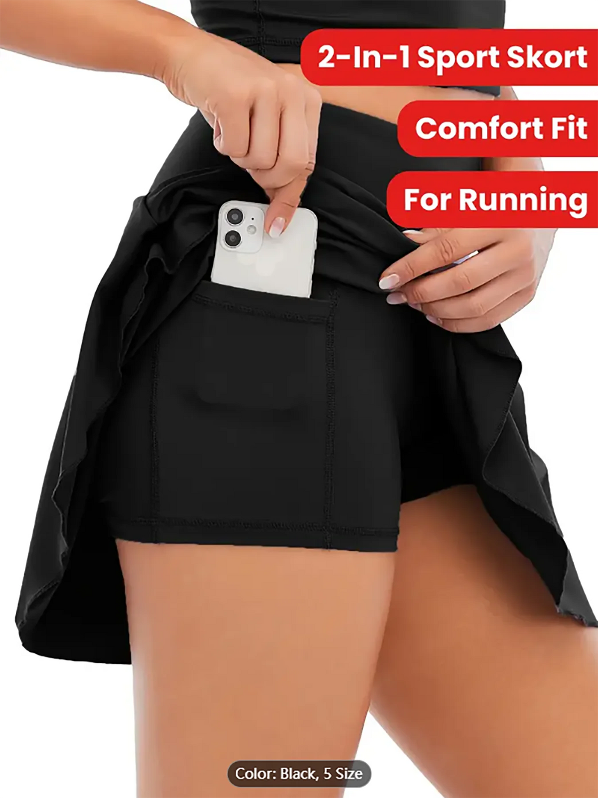1-Piece Women's Ruffled Sports Tennis Shorts - 2-in-1 Athletic Shorts, Suitable for Running and Casual Sports, Black, Comfortable Fit, with Pockets