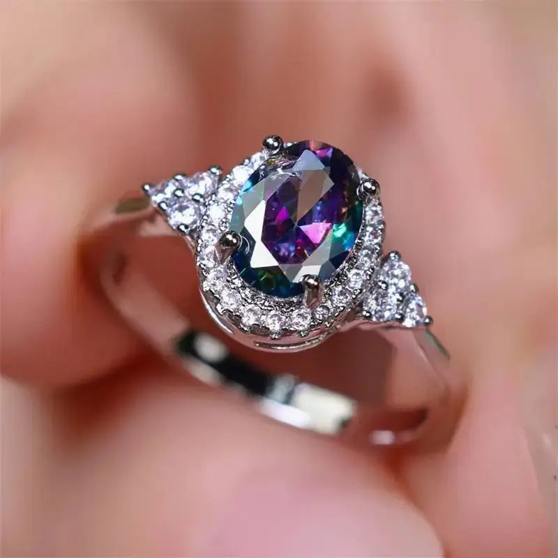 925 Sterling Silver Elliptical Colorful Zircon Elegant Sense Exquisite Vacation Style Ring Trendy  Bridal Wedding Accessories