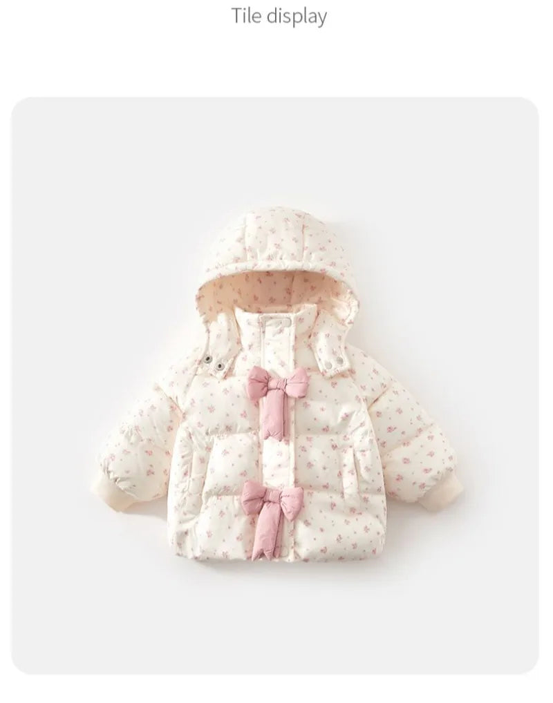 Winter 2024 Girls Plush New Fashion Sweet Floral Cotton Jacket Baby Cotton Hooded Autumn and Winter Bow Coat