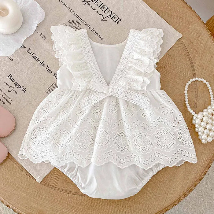2025 New Summer Korean Style Climbing Suit Flying Sleeve Cotton Lace Splicing Toddler Baby Girls Jumpsuit 0-24M Baby Clothing