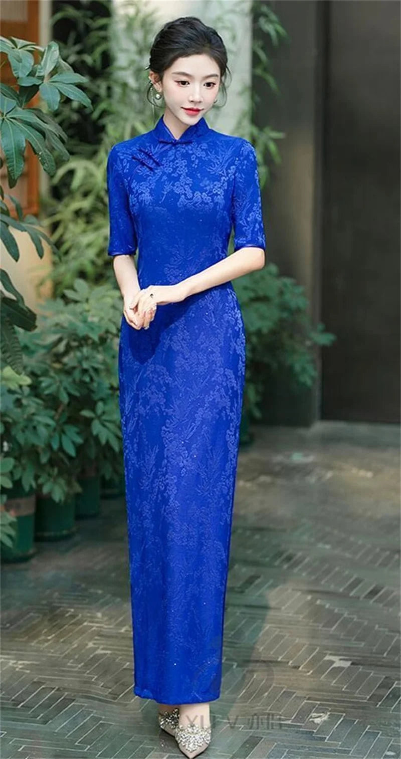 Female Large Size 6XL Maxi Dress Summer Lady Fashion High Fork Long Dresses 2025 Women Solid Color Five Divide Sleeves Cheongsam