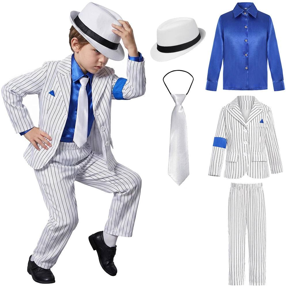 Halloween Carnival Boys Jackson Costume Dancer Singer Moonwalk Stage Outfits 80s Pop Rock Superstar Dress Up White Striped Suit