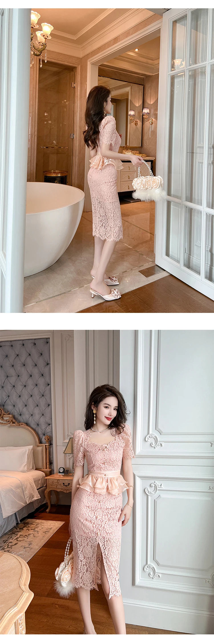 New Summer Elegant Women Evening Dress Chic Lace Pink Sheer Sexy Low Cut Ruffle Slim Midi Pencil Party Prom Femme Mujer Vestidos