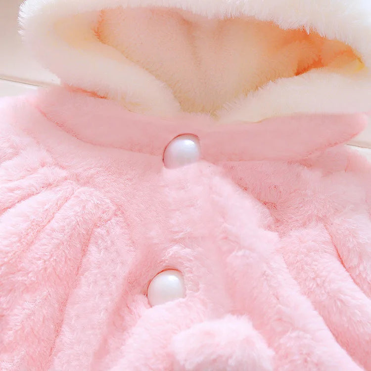 Winter Kids Jacket Newborn Girls Clothes Korean Cartoon Cute Hooded Thick Warm Fake Fur Fleece Pink Baby Tops Toddler Coat BC719