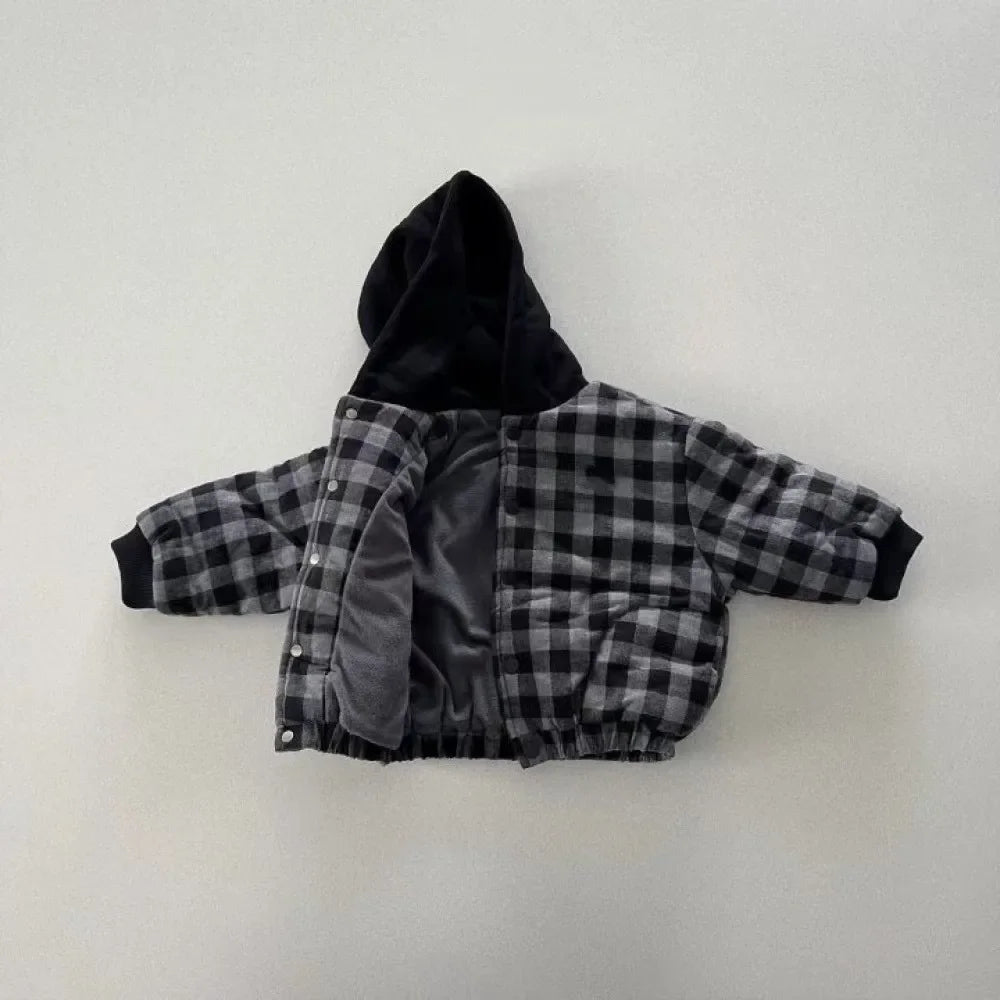 2025 Winter New Baby Warm Plaid Coat Kids Boys Girls Hooded Cotton Padded Jacket Kids Vintage Windproof Tops Children Clothes