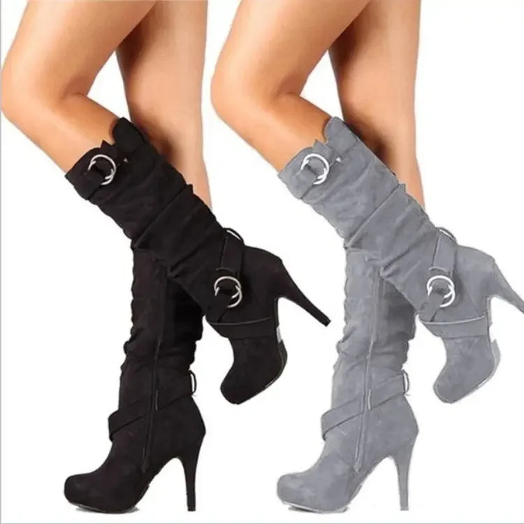 2025 New Sexy Knee High Women Boots Thin High Heel Round Toe Platform Fashion Ladies Pu Leather Boots Size 34-43 Lady Shoes