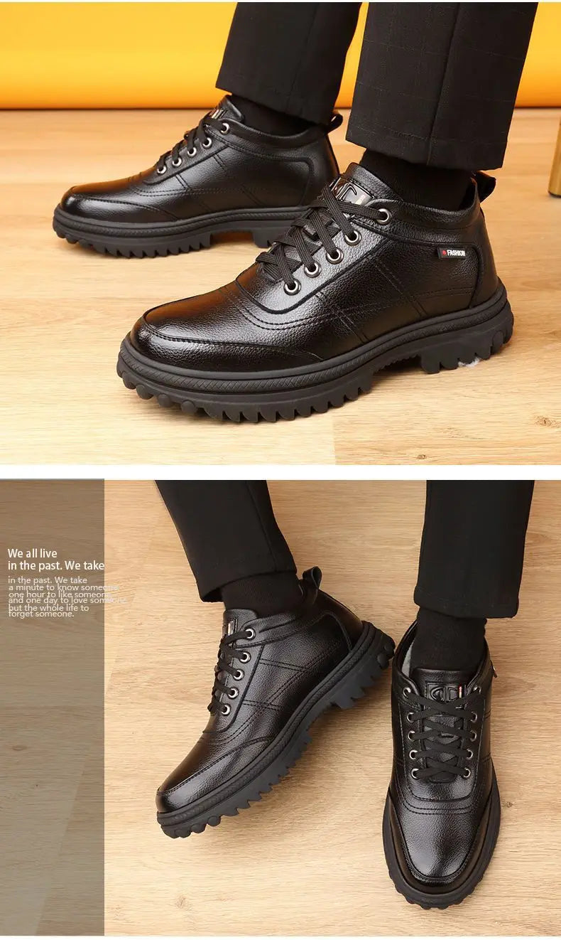 Men's Winter Thickened Warmth Casual Shoes Fleece Lined Business Style Leather Shoes Low Top Lace up Comfortable Alligator Pa...