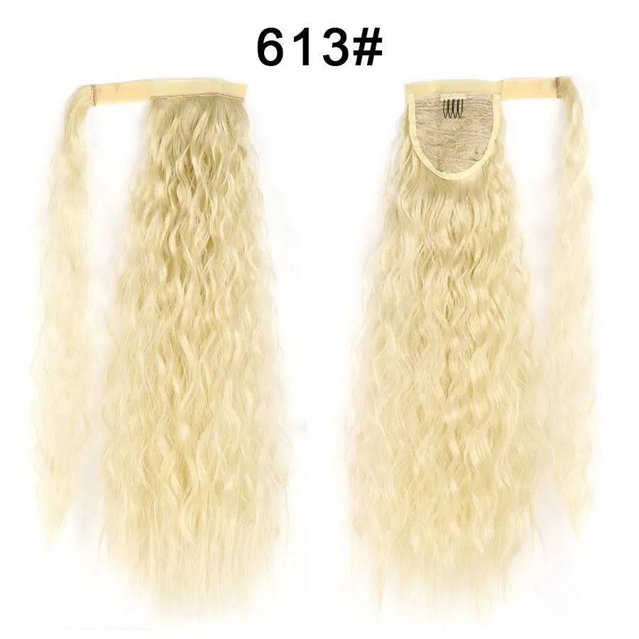 Synthetic Long Corn Wave Ponytail Extension Magic Paste Heat Resistant Wavy Wrap Around Ponytail Black Hairpiece for Women