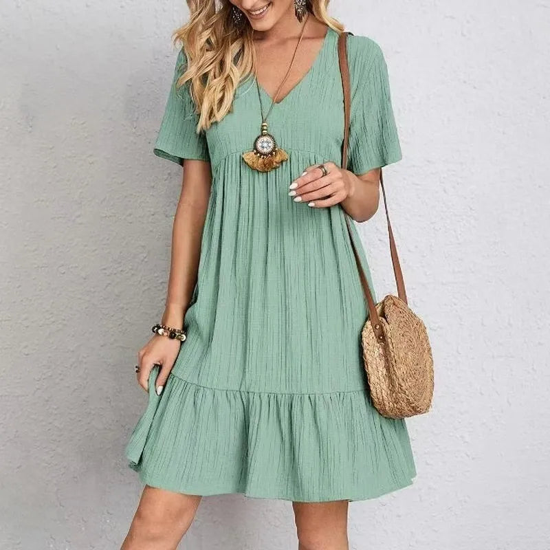 Solid Color Casual Summer Dresses for Women 2026 Elegant V Neck Short Sleeve Beach Dresses Woman Comfortable Loose A-line Dress