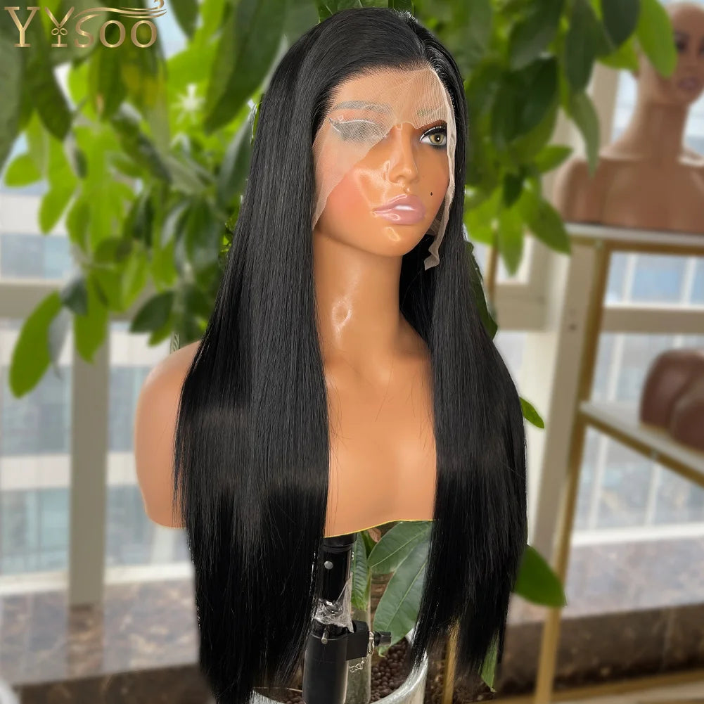 YYsoo 1# Long Silky Straight Dark Black Synthetic Full Lace Wigs for Women Heat Resistant Japan Futura Hair All Hand Tied Wig