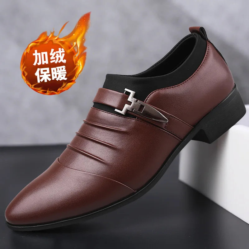 New Men's Slip-On Business Casual Shoes Large Size Fleece Lined Leather Shoes Wear Resistant Rubber Outsole Low Cut Ankle High