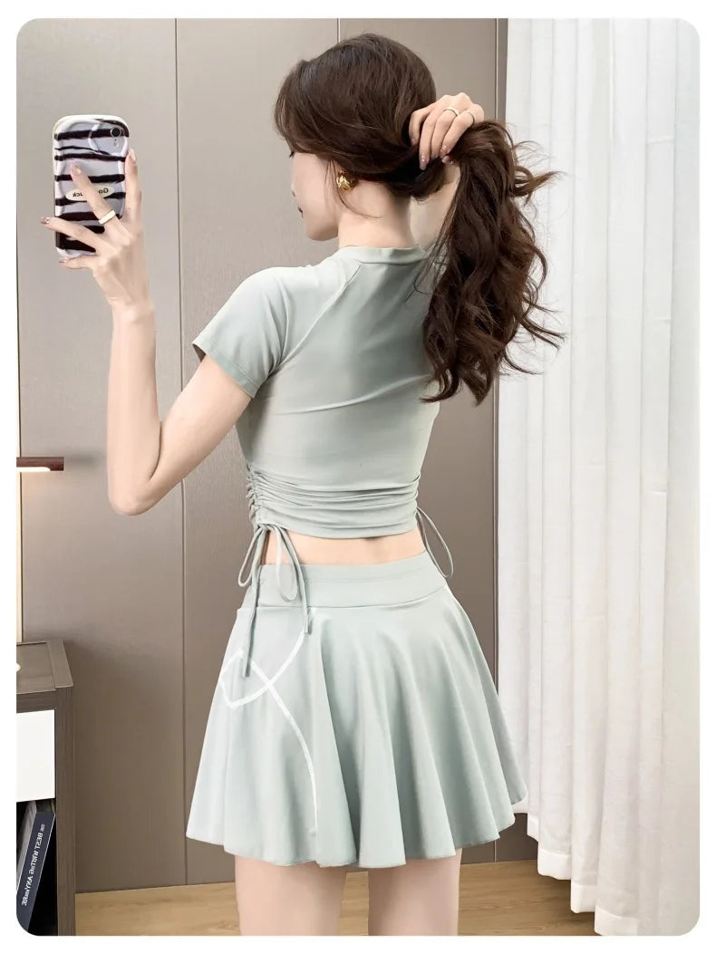 Women Split Sports Swimsuit 2026 New Short Skirt Two Piece Set T-Shirt Cover Up Sun Protection Swimming Outfit for Teen Students