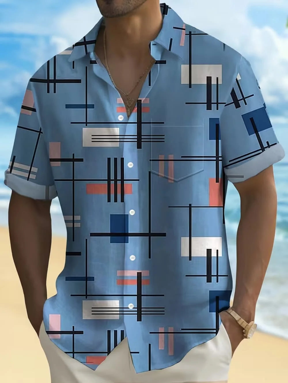Men's Shirt Geometric Grid 3D Print Short Sleeve Shirts Summer Hawaiian Shirt Casual Outdoor Vacation Lapel Shirt Men's Clothing