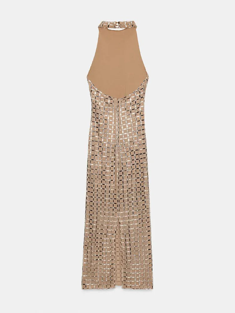 Sexy Lady Sequin Halter Maxi Dress Sleeveless O Neck Backless Party Long Robe 2026 Spring New Luxury Evening Dresses