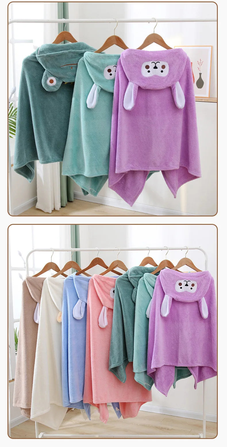 Children Hooded Bath Towel Coral Fleece Super Absorbent Quick Dry Soft Cartoon Cape Towel For Baby Bathroom