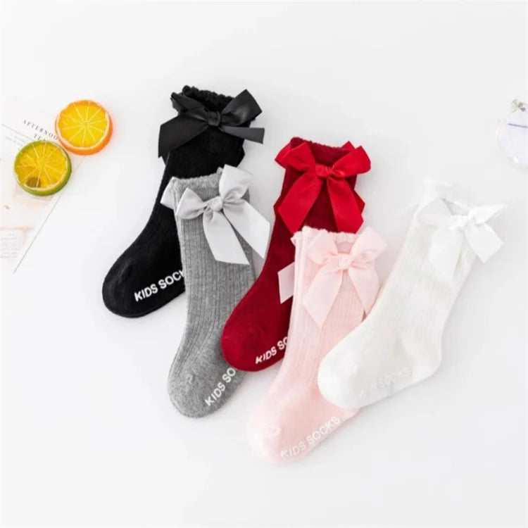 3Pairs/set Baby Girls Big Bow Knee High Socks Spring Autumn Children Non-slip Floor Sock Infant Toddler Princess Stockings 0-3Y