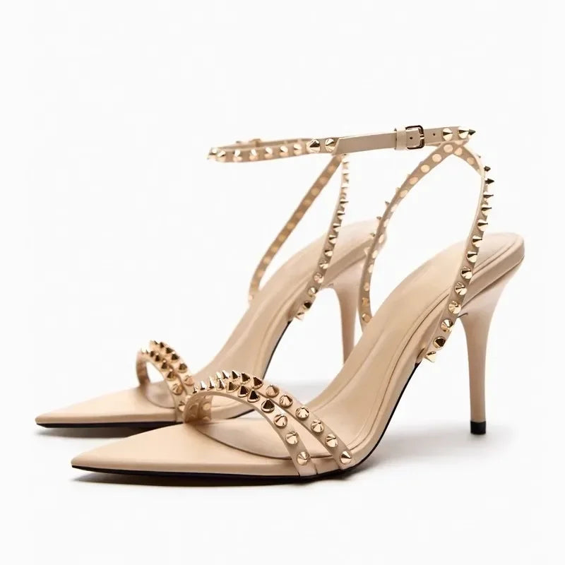 Luxury Designer Rivet Embellished Thin Heeled Sandals Women Summer Sexy Pointed Toe Ankle Strap High Heels Elegant Party Shoes