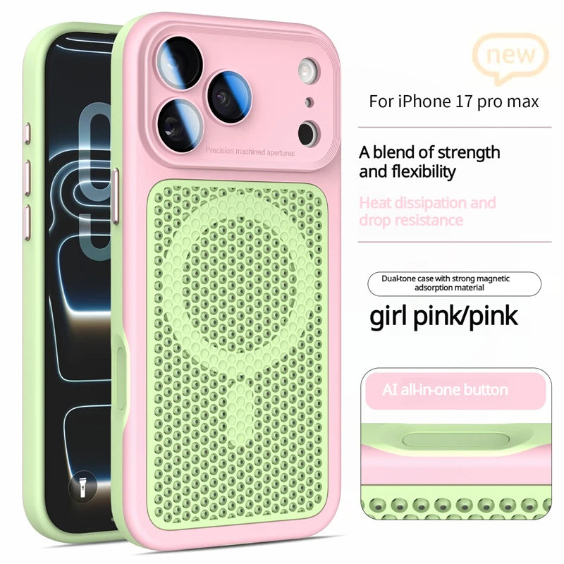 Heat Dissipation Mesh Magnetic Case for iPhone 17 15 14 13 12 16 Pro Max Plus For Magsafe Lens Protector Shockproof Bumper Cover