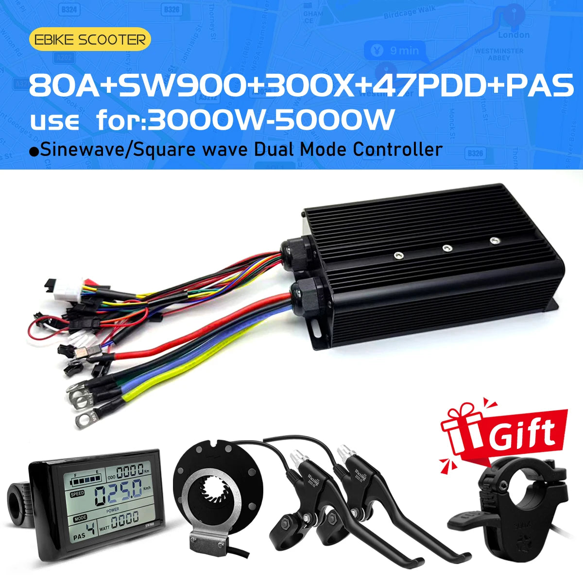 Electric Bicycle 80A BLDC Sine Wave/Square Wave 3 Mode Controller 48V72V3000W5000W Throttle PAS E-Brake Display for Ebike Scoote