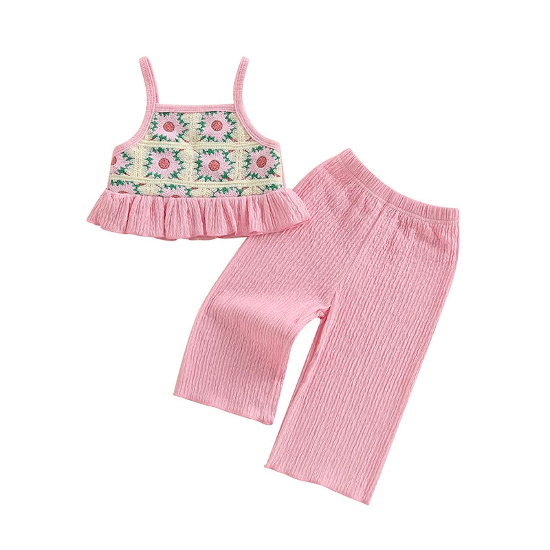 Toddler Girl Crochet Outfit Crochet Floral Crop Top Sleeveless Camisole Ruffle Top and Pant Set Baby Summer Clothes