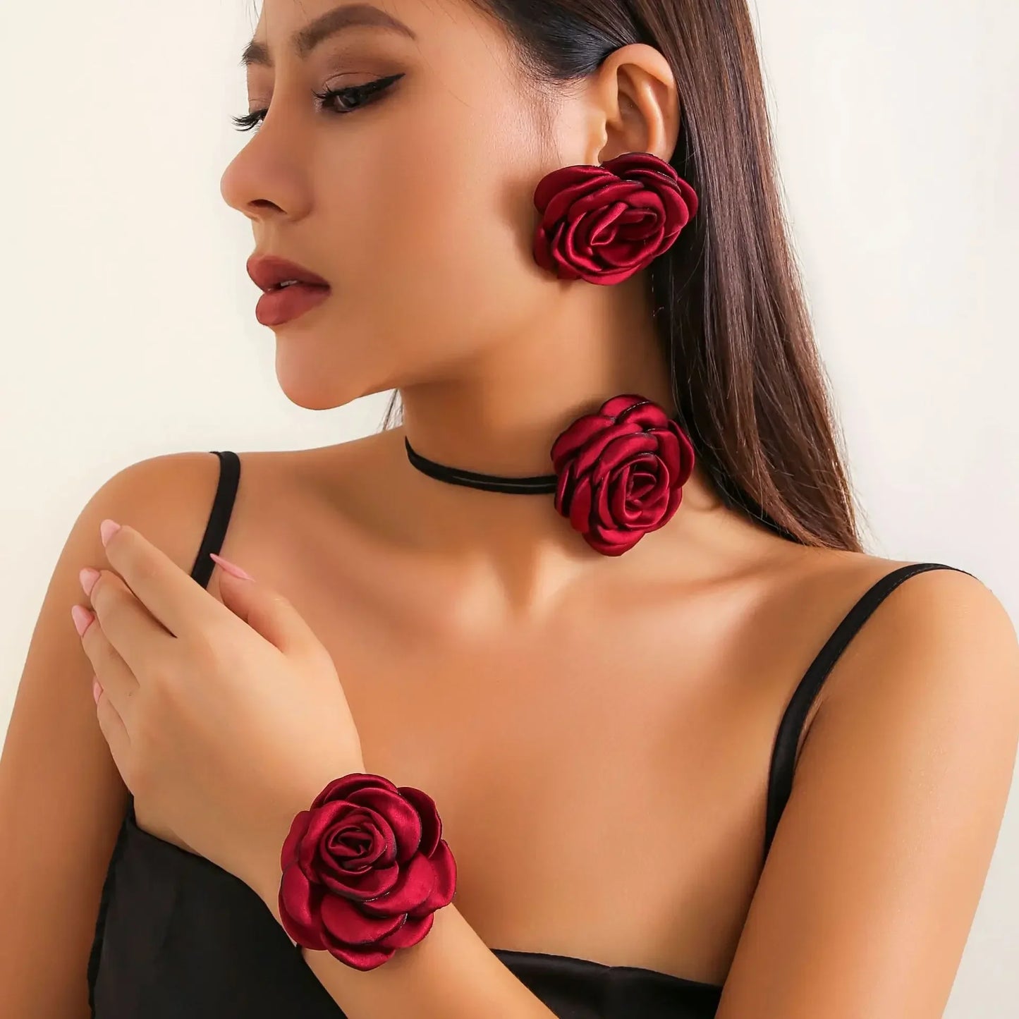 Women Adjustable Rope Choker Clavicle Chain Goth Y2K Romantic Rose Flower Necklace Bracelet Earrings Set