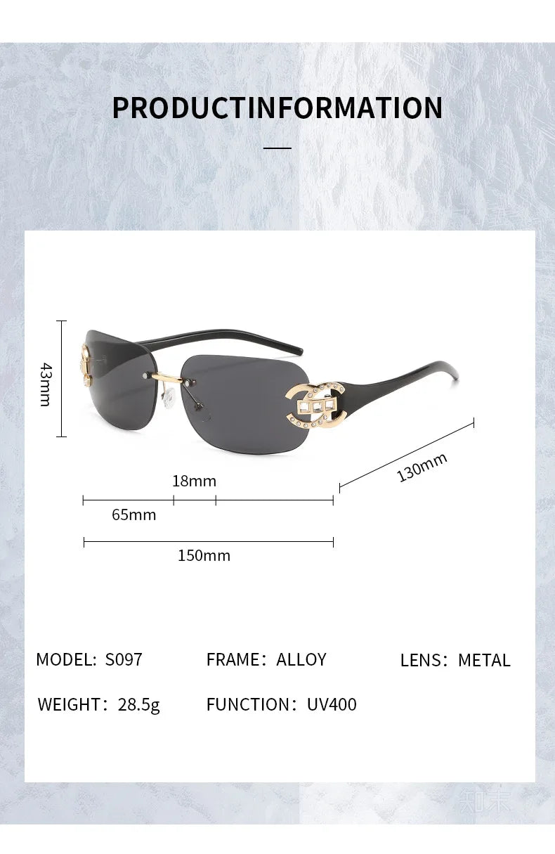 Sexy Popular Ins Rimless Square Sunglasses for Women Luxury Brand Design Diamond Punk Sun Glasses Cute Pink Shades Girls Eyewear