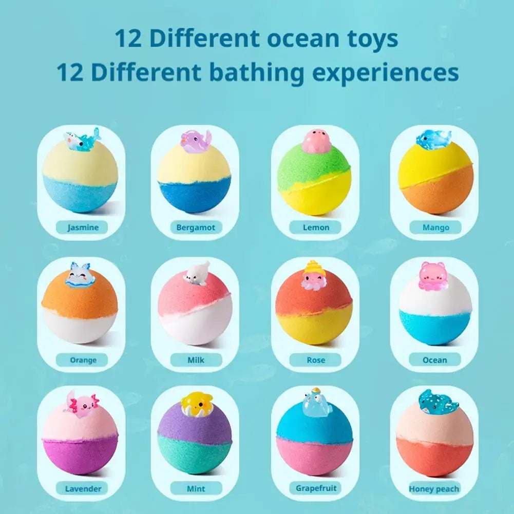 12PCS Flower Fruit Sea Salt Bubble Ball Bath Set with Surprise Toy,Kid Bath Gift Ocean gentle & safe Bath Bubble Ball Set ﻿