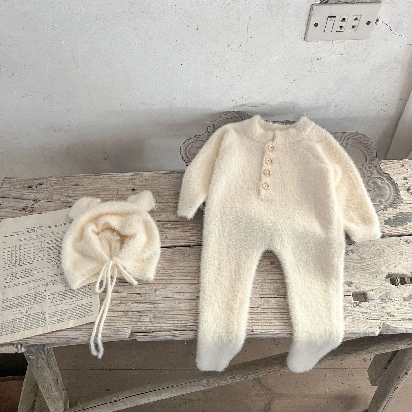 Baby Outfit Newborn Photography Props Mohair Knitted Bear Rompers Footed Jumpsuit Hat 2pcs/Sets Photography Clothing Accessories