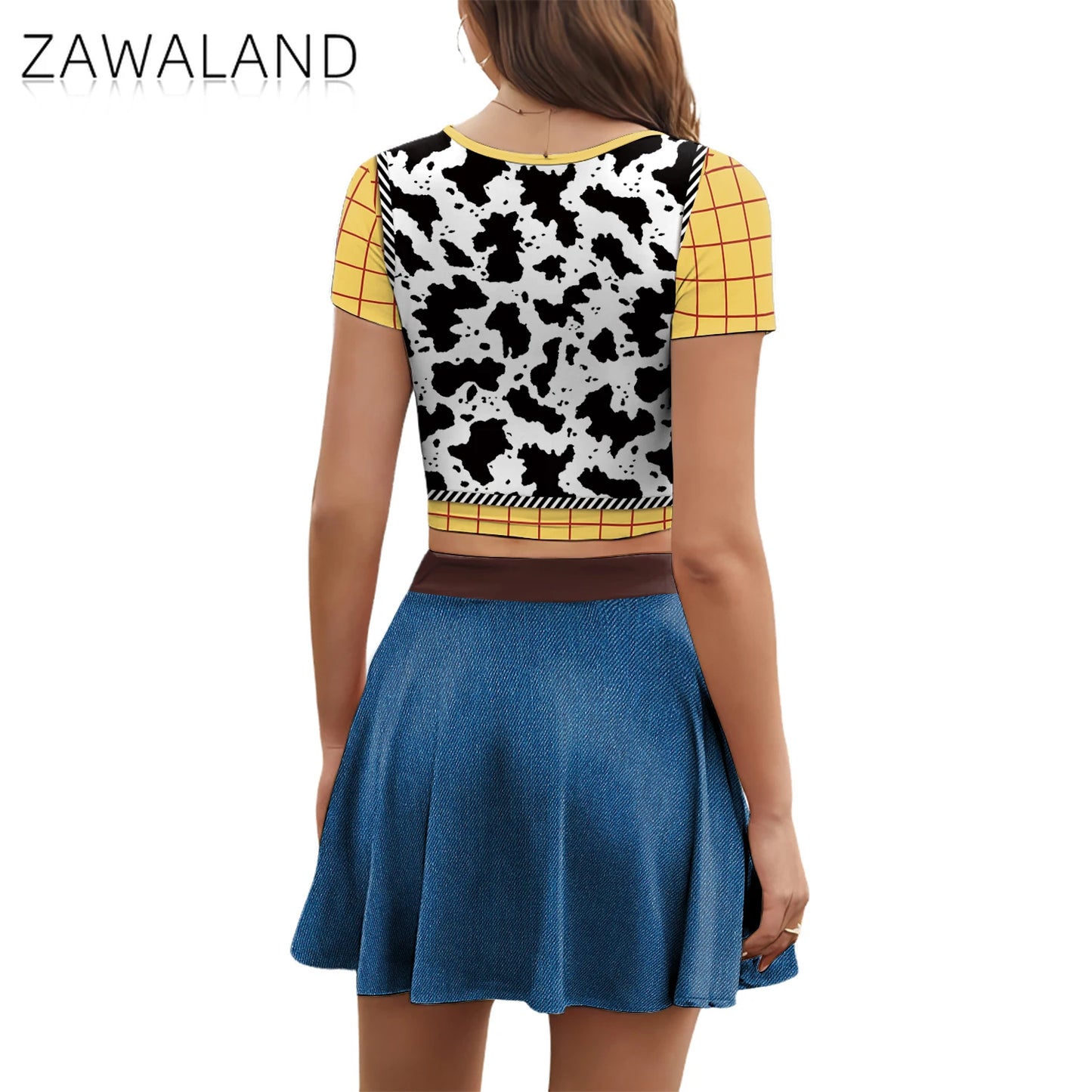 Halloween Woody Cosplay Costume For Women Movie Character Print Skirt Set Summer Short Sleeve Crop Top Party Performance Outfits