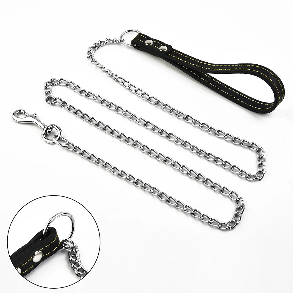 Durable Pet Dog Chain Metal Leash For Small Medium Dog PU Handle Leather Iron Chain Leash Anti-Bite Chain Dog Accessories