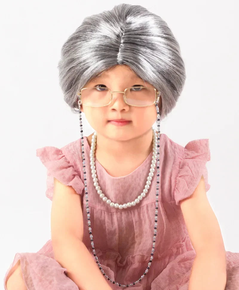 Halloween  Great grandma cosplay older performance costume Kid Halloween wig necklace eyeglass