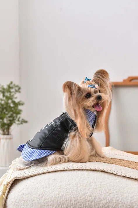 Leather Pitbull Costumes For Small Medium Size Breed Dog With Plaid Shirt Collar Winter Warm Pet Harness Coat Jacket Puppy Wear
