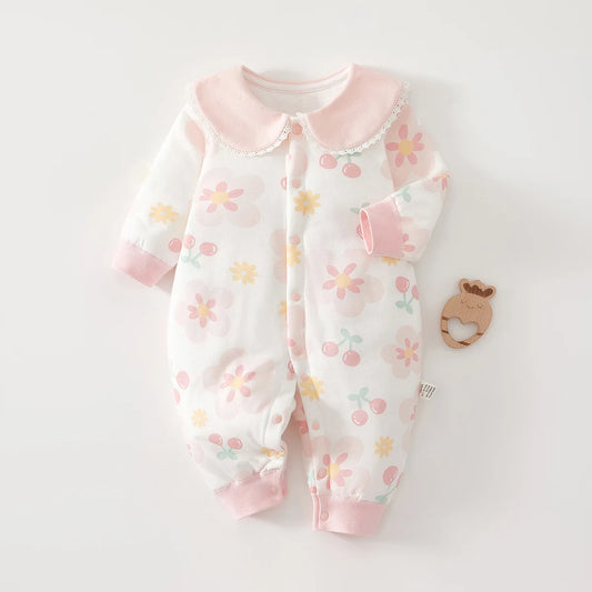 Newborn Baby Cotton Bodysuit Long-sleeved Thickened Cute Printed Lapel Bodysuit Boys And Girls Comfortable Warm Bodysuit