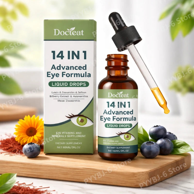 14 in 1 Advanced Visual Support Formula Liquid Drops with Lutein Zeaxanthin Saffron Astaxanthin Visual Support Supplement 60ml