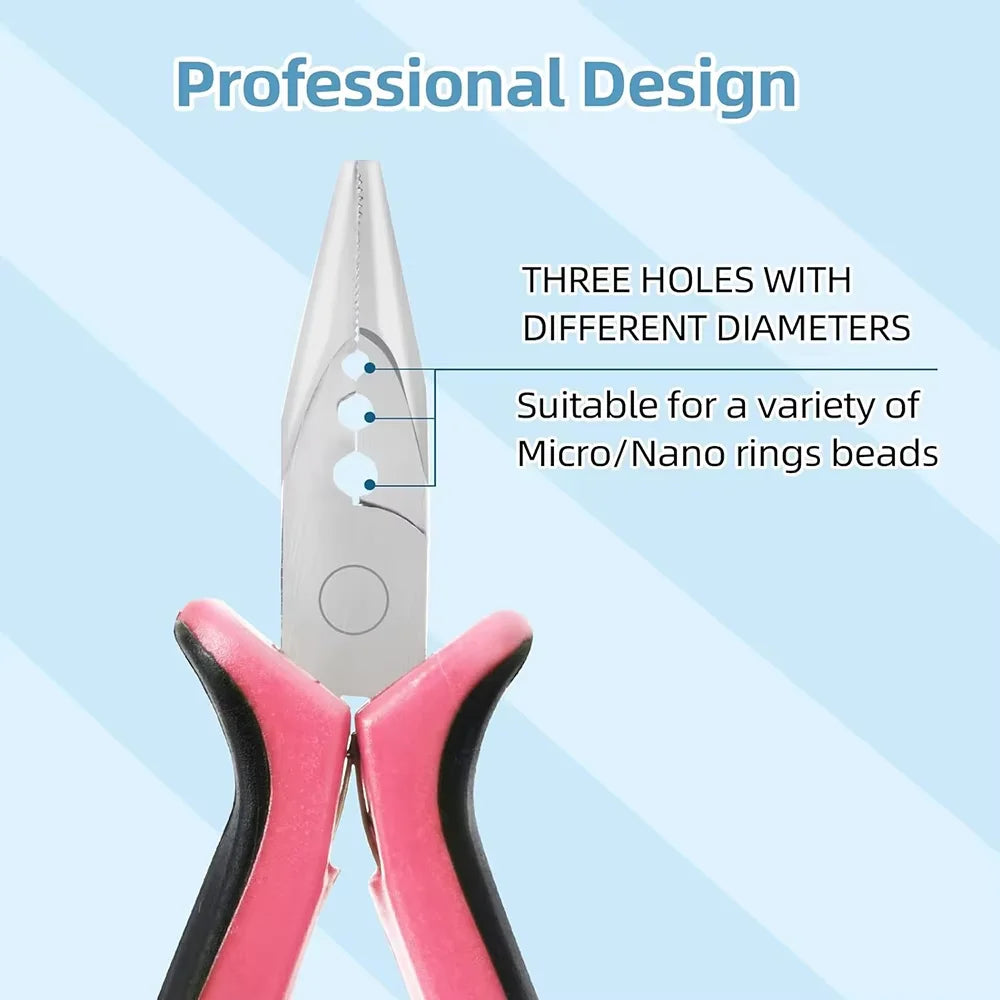 Mini Pink 3 Holes Hair Extensions Plier For Feather/Micro Nano Ring Hair Extensions Opener and Removal Tool Straight Nose Pliers