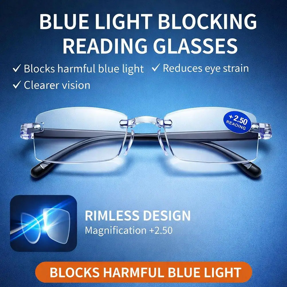 1 Pair New Men Women Rimless Reading Glasses Anti Blue Light Bifocal Far Near Magnification Eyewear Presbyopic Glasses +150 +200