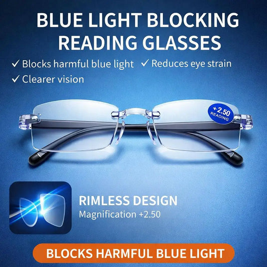 1 Pair New Men Women Rimless Reading Glasses Anti Blue Light Bifocal Far Near Magnification Eyewear Presbyopic Glasses +150 +200